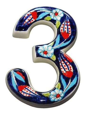 Large Ceramic House address number 3, Dark Blue, 4.7inch Tall, Hand Decorated, House number signs, Door numbers, Housewarming gifts