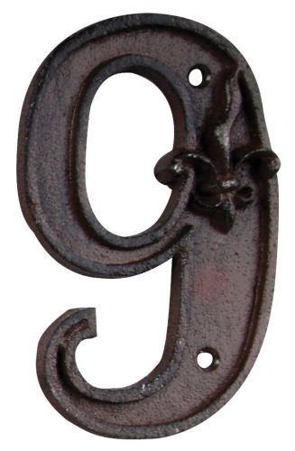 Rustic Cast Iron House Number 9, 4.72 inch, Address Number Sign,Antique Brown, Rust Finish with Fleur De Lis Embossed