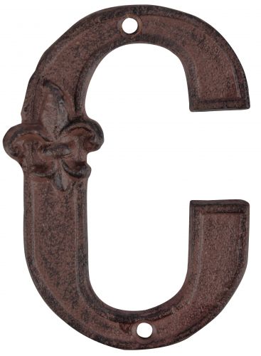 Rustic Cast Iron House Number C, 4.72 inch, Address Number Sign,Antique Brown, Rust Finish with Fleur De Lis Embossed