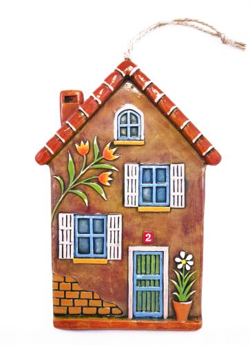 Handmade Ceramic Little House with Flowers, Tuscany Color,Wall Art, Tuscany Color, Ceramic Art, Sculptural Ceramic Tile, Wall Hanging, Home Decor, Pastel Wall Decor, Gift for Home