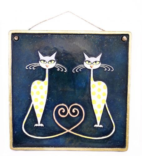 Handmade Ceramic Cats in Love Wall Art, Blue, Ceramic Art, Sculptural Ceramic Tile, Wall Hanging, Home Decor, Pastel Wall Decor, Gift for Home