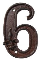 Rustic Cast Iron House Number 6, 4.72 inch, Address Number Sign,Antique Brown, Rust Finish with Fleur De Lis Embossed