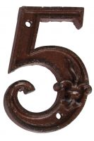 Rustic Cast Iron House Number 5, 4.72 inch, Address Number Sign,Antique Brown, Rust Finish with Fleur De Lis Embossed