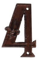 Rustic Cast Iron House Number 4, 4.72 inch, Address Number Sign,Antique Brown, Rust Finish with Fleur De Lis Embossed