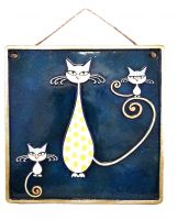 Handmade Ceramic Mother Cat and 2 Kittens Wall Art, Blue, Ceramic Art, Sculptural Ceramic Tile, Wall Hanging, Home Decor, Pastel Wall Decor, Gift for Home