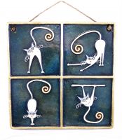 Handmade Ceramic Cats Wall Art, Blue, Ceramic Art, Sculptural Ceramic Tile, Wall Hanging, Home Decor, Pastel Wall Decor, Gift for Home